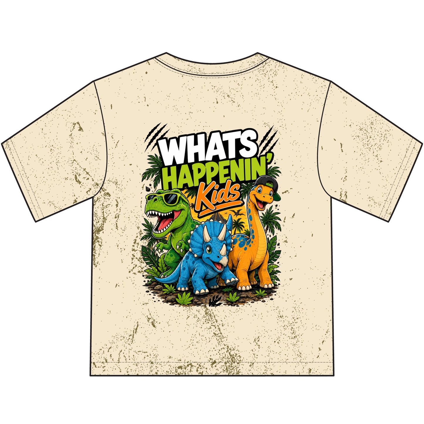 Kids Dinosaur T-Shirt — "Whats Happenin' Kids" Colorful Dino Graphic